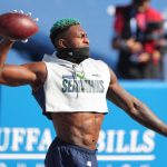 ORCHARD PARK, NEW YORK - NOVEMBER 08: DK Metcalf #14 of the Seattle Seahawks throws the ball during warmups before the game against the Buffalo Bills at Bills Stadium on November 08, 2020 in Orchard Park, New York. (Photo by Timothy T Ludwig/Getty Images)
