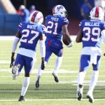ORCHARD PARK, NEW YORK - NOVEMBER 08: Jordan Poyer #21 of the Buffalo Bills runs down the field after making an interception during the first half against the Seattle Seahawks at Bills Stadium on November 08, 2020 in Orchard Park, New York. (Photo by Bryan M. Bennett/Getty Images)