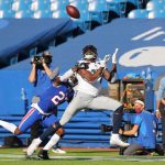 ORCHARD PARK, NEW YORK - NOVEMBER 08: DK Metcalf #14 of the Seattle Seahawks makes a catch as Tre'Davious White #27 of the Buffalo Bills defends during the first half at Bills Stadium on November 08, 2020 in Orchard Park, New York. (Photo by Timothy T Ludwig/Getty Images)