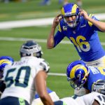 INGLEWOOD, CALIFORNIA - NOVEMBER 15: Quarterback Jared Goff #16 of the Los Angeles Rams calls an audible at the line of scrimmage against the Seattle Seahawks in the first quarter at SoFi Stadium on November 15, 2020 in Inglewood, California. (Photo by Kevork Djansezian/Getty Images)