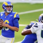 INGLEWOOD, CALIFORNIA - NOVEMBER 15: Quarterback Jared Goff #16 of the Los Angeles Rams throws against the Seattle Seahawks in the first quarter at SoFi Stadium on November 15, 2020 in Inglewood, California. (Photo by Joe Scarnici/Getty Images)