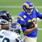 INGLEWOOD, CALIFORNIA - NOVEMBER 15: Quarterback Jared Goff #16 of the Los Angeles Rams runs with the ball against the Seattle Seahawks in the first quarter at SoFi Stadium on November 15, 2020 in Inglewood, California. (Photo by Kevork Djansezian/Getty Images)
