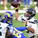 INGLEWOOD, CALIFORNIA - NOVEMBER 15: Quarterback Russell Wilson #3 of the Seattle Seahawks throws against the Los Angeles Rams in the second quarter at SoFi Stadium on November 15, 2020 in Inglewood, California. (Photo by Kevork Djansezian/Getty Images)