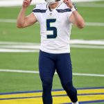 INGLEWOOD, CALIFORNIA - NOVEMBER 15: Jason Myers #5 of the Seattle Seahawks celebrates kicking a 61 yard field goal against the Los Angeles Rams in the second quarter at SoFi Stadium on November 15, 2020 in Inglewood, California. (Photo by Kevork Djansezian/Getty Images)