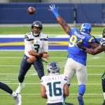 INGLEWOOD, CALIFORNIA - NOVEMBER 15: Quarterback Russell Wilson #3 of the Seattle Seahawks throws against the Los Angeles Rams in the fsecond quarter at SoFi Stadium on November 15, 2020 in Inglewood, California. (Photo by Joe Scarnici/Getty Images)
