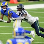 INGLEWOOD, CALIFORNIA - NOVEMBER 15: Josh Reynolds #11 of the Los Angeles Rams catches a pass against Tre Flowers #21 of the Seattle Seahawks in the third quarter at SoFi Stadium on November 15, 2020 in Inglewood, California. (Photo by Harry How/Getty Images)