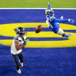 INGLEWOOD, CALIFORNIA - NOVEMBER 15: Tyler Lockett #16 of the Seattle Seahawks misses a catch i the end zone against Darious Williams #31 oif the Los Angeles Rams at SoFi Stadium on November 15, 2020 in Inglewood, California. (Photo by Joe Scarnici/Getty Images)