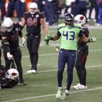 SEATTLE, WASHINGTON - NOVEMBER 19:  Carlos Dunlap #43 of the Seattle Seahawks reacts after sacking Kyler Murray #1 of the Arizona Cardinals at Lumen Field on November 19, 2020 in Seattle, Washington. (Photo by Abbie Parr/Getty Images)