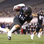 SEATTLE, WASHINGTON - NOVEMBER 21: Puka Nacua #12 of the Washington Huskies dives into the end zone to score a 65-yard touchdown in the first quarter against the Arizona Wildcats at Husky Stadium on November 21, 2020 in Seattle, Washington. (Photo by Abbie Parr/Getty Images)