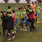 SEATTLE, WASHINGTON - NOVEMBER 24: The Seattle Sounders celebrate their 3-1 win against Los Angeles FC during Round One of the MLS Cup Playoffs at Lumen Field Field on November 24, 2020 in Seattle, Washington. (Photo by Abbie Parr/Getty Images)