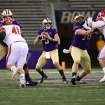 SEATTLE, WASHINGTON - NOVEMBER 28: Dylan Morris #9 of the Washington Huskies looks to throw the ball in the first quarter against the Utah Utes at Husky Stadium on November 28, 2020 in Seattle, Washington. (Photo by Abbie Parr/Getty Images)