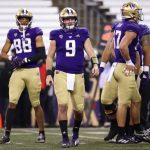 SEATTLE, WASHINGTON - NOVEMBER 28: Dylan Morris #9 of the Washington Huskies reacts after being unable to convert on third down in the second quarter against the Utah Utes at Husky Stadium on November 28, 2020 in Seattle, Washington. (Photo by Abbie Parr/Getty Images)