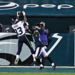 PHILADELPHIA, PENNSYLVANIA - NOVEMBER 30: David Moore #83 of the Seattle Seahawks catches a touchdown pass against Avonte Maddox #29 of the Philadelphia Eagles during the second quarter at Lincoln Financial Field on November 30, 2020 in Philadelphia, Pennsylvania. (Photo by Elsa/Getty Images)