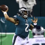 PHILADELPHIA, PENNSYLVANIA - NOVEMBER 30: Jalen Hurts #2 of the Philadelphia Eagles throws against the Seattle Seahawks during the first half at Lincoln Financial Field on November 30, 2020 in Philadelphia, Pennsylvania. (Photo by Elsa/Getty Images)