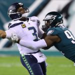 PHILADELPHIA, PENNSYLVANIA - NOVEMBER 30: Javon Hargrave #93 of the Philadelphia Eagles pressures Russell Wilson #3 of the Seattle Seahawks during the second quarter at Lincoln Financial Field on November 30, 2020 in Philadelphia, Pennsylvania. (Photo by Mitchell Leff/Getty Images)