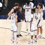 INDIANAPOLIS, INDIANA - DECEMBER 02:  Mark Few the head coach of the  Gonzaga Bulldogs gives instructions to his team against the  West Virginia Mountaineers during the Jimmy V Classic at  Bankers Life Fieldhouse on December 02, 2020 in Indianapolis, Indiana. (Photo by Andy Lyons/Getty Images)