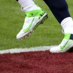 LANDOVER, MARYLAND - DECEMBER 20: A detail of the shoes of quarterback Russell Wilson #3 of the Seattle Seahawks as he warms up before the start of their game against the Washington Football Team at FedExField on December 20, 2020 in Landover, Maryland. (Photo by Patrick Smith/Getty Images)