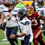 LANDOVER, MARYLAND - DECEMBER 20: Defensive tackle Jonathan Allen #93 of the Washington Football Team pressures quarterback Russell Wilson #3 of the Seattle Seahawks as he gets off a first half pass at FedExField on December 20, 2020 in Landover, Maryland. (Photo by Patrick Smith/Getty Images)