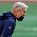 GLENDALE, ARIZONA - JANUARY 03: Head coach Pete Carroll of the Seattle Seahawks looks on during warm-ups to the NFL game against the San Francisco 49ers at State Farm Stadium on January 03, 2021 in Glendale, Arizona. (Photo by Christian Petersen/Getty Images)
