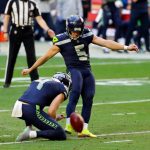 GLENDALE, ARIZONA - JANUARY 03: Place kicker Jason Myers #5 of the Seattle Seahawks kicks a field goal during the second quarter against the San Francisco 49ers at State Farm Stadium on January 03, 2021 in Glendale, Arizona. (Photo by Chris Coduto/Getty Images)
