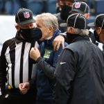 SEATTLE, WASHINGTON - JANUARY 09: Head coach Pete Carroll of the Seattle Seahawks speaks to the officiating crew prior to the NFC Wild Card Playoff game against the Los Angeles Rams at Lumen Field on January 09, 2021 in Seattle, Washington. (Photo by Abbie Parr/Getty Images)