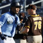 PEORIA, ARIZONA - FEBRUARY 28: Julio Rodríguez #85 of the Seattle Mariners reacts after hitting a walk-off single in the ninth inning to defeat the San Diego Padres 5-4 during the MLB spring training game at Peoria Sports Complex on February 28, 2021 in Peoria, Arizona. (Photo by Steph Chambers/Getty Images)