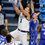 INDIANAPOLIS, IN - MARCH 28: Jalen Suggs #1 of the Gonzaga Bulldogs shoots the ball during the second half against the Creighton Bluejays in the second round game of the 2021 NCAA Men's Basketball Tournament at Hinkle Fieldhouse on March 28, 2021 in Indianapolis, Indiana. (Photo by Michael Hickey/Getty Images)