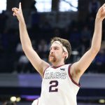 INDIANAPOLIS, INDIANA - MARCH 28: Drew Timme #2 of the Gonzaga Bulldogs celebrates against the Creighton Bluejays during the second half in the Sweet Sixteen round game of the 2021 NCAA Men's Basketball Tournament at Hinkle Fieldhouse on March 28, 2021 in Indianapolis, Indiana. (Photo by Andy Lyons/Getty Images)