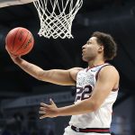 INDIANAPOLIS, INDIANA - MARCH 28: Anton Watson #22 of the Gonzaga Bulldogs shoots the layup against the Creighton Bluejays during the second half in the Sweet Sixteen round game of the 2021 NCAA Men's Basketball Tournament at Hinkle Fieldhouse on March 28, 2021 in Indianapolis, Indiana. (Photo by Andy Lyons/Getty Images)