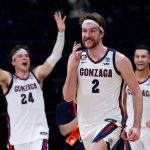 INDIANAPOLIS, INDIANA - MARCH 30: Drew Timme #2 of the Gonzaga Bulldogs celebrates defeating the USC Trojans 85-66 in the Elite Eight round game of the 2021 NCAA Men's Basketball Tournament at Lucas Oil Stadium on March 30, 2021 in Indianapolis, Indiana. (Photo by Jamie Squire/Getty Images)