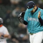 SEATTLE, WASHINGTON - APRIL 02: Yusei Kikuchi #18 of the Seattle Mariners reacts after an out against the San Francisco Giants in the fourth inning at T-Mobile Park on April 02, 2021 in Seattle, Washington. (Photo by Steph Chambers/Getty Images)