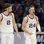 INDIANAPOLIS, INDIANA - APRIL 03: Corey Kispert #24 of the Gonzaga Bulldogs reacts in the second half against the UCLA Bruins during the 2021 NCAA Final Four semifinal at Lucas Oil Stadium on April 03, 2021 in Indianapolis, Indiana. (Photo by Jamie Squire/Getty Images)