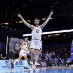 INDIANAPOLIS, INDIANA - APRIL 03: Drew Timme #2 of the Gonzaga Bulldogs celebrates in the second half against the UCLA Bruins during the 2021 NCAA Final Four semifinal at Lucas Oil Stadium on April 03, 2021 in Indianapolis, Indiana. (Photo by Jamie Squire/Getty Images)