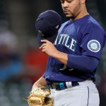 HOUSTON, TEXAS - APRIL 26: Justus Sheffield #33 of the Seattle Mariners takes a moment in between pitches during the fourth inning against the Houston Astros at Minute Maid Park on April 26, 2021 in Houston, Texas. (Photo by Carmen Mandato/Getty Images)
