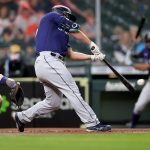 HOUSTON, TEXAS - APRIL 27: Kyle Seager #15 of the Seattle Mariners hits a single during the first inning against the Houston Astros at Minute Maid Park on April 27, 2021 in Houston, Texas. (Photo by Carmen Mandato/Getty Images)
