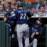 HOUSTON, TEXAS - APRIL 28: Luis Torrens #22 of the Seattle Mariners celebrates after hitting a solo home run in the third inning against the Houston Astros at Minute Maid Park on April 28, 2021 in Houston, Texas. (Photo by Bob Levey/Getty Images)