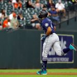HOUSTON, TEXAS - APRIL 28: Kyle Lewis #1 of the Seattle Mariners runs the bases after hitting a home run in the fifth inning against the Houston Astros at Minute Maid Park on April 28, 2021 in Houston, Texas. (Photo by Bob Levey/Getty Images)