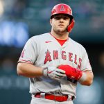 SEATTLE, WASHINGTON - APRIL 30: Mike Trout #27 of the Los Angeles Angels reacts after his single against the Seattle Mariners in the first inning at T-Mobile Park on April 30, 2021 in Seattle, Washington. (Photo by Steph Chambers/Getty Images)