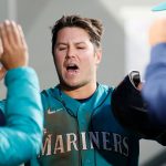 SEATTLE, WASHINGTON - APRIL 30: Ty France #23 of the Seattle Mariners reacts after his run against the Los Angeles Angels in the third inning at T-Mobile Park on April 30, 2021 in Seattle, Washington. (Photo by Steph Chambers/Getty Images)