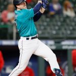 SEATTLE, WASHINGTON - APRIL 30: Tom Murphy #2 of the Seattle Mariners watches his home run against the Los Angeles Angels in the fourth inningat T-Mobile Park on April 30, 2021 in Seattle, Washington. (Photo by Steph Chambers/Getty Images)