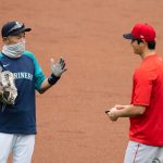 SEATTLE, WA - May 01: Special Assistant to the Chairman of the Seatle Mariners Ichiro Suzuki talks with Shohei Ohtani #17 of the Los Angeles Angels before a game at T-Mobile Park on May 1, 2021 in Seattle, Washington. (Photo by Stephen Brashear/Getty Images)