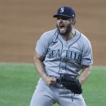 ARLINGTON, TX - MAY 7: Kendall Graveman #49 of the Seattle Mariners reacts after striking out Charlie Culberson #2 of the Texas Rangers to end the game at Globe Life Field on May 7, 2021 in Arlington, Texas. The Mariners won 5-4. (Photo by Ron Jenkins/Getty Images)