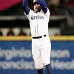 SEATTLE, WASHINGTON - MAY 04: Luis Torrens #22 of the Seattle Mariners reacts after his double against the Baltimore Orioles during the seventh inning at T-Mobile Park on May 04, 2021 in Seattle, Washington. (Photo by Steph Chambers/Getty Images)