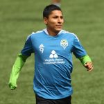 PORTLAND, OREGON - MAY 09: Raul Ruidiaz #9 of Seattle Sounders warms up before the game against the Portland Timbers at Providence Park on May 09, 2021 in Portland, Oregon. (Photo by Abbie Parr/Getty Images)