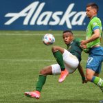 PORTLAND, OREGON - MAY 09: Jeremy Ebobisse #17 of Portland Timbers and Shane O'Neill #27 of Seattle Sounders battle for possession in the first half at Providence Park on May 09, 2021 in Portland, Oregon. (Photo by Abbie Parr/Getty Images)