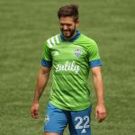 PORTLAND, OREGON - MAY 09: Kelyn Rowe #22 of Seattle Sounders reacts in the first half against the Portland Timbers at Providence Park on May 09, 2021 in Portland, Oregon. (Photo by Abbie Parr/Getty Images)