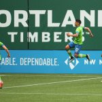 PORTLAND, OREGON - MAY 09: Fredy Montero #12 of Seattle Sounders celebrates after scoring a goal against the Portland Timbers in the second half at Providence Park on May 09, 2021 in Portland, Oregon. (Photo by Abbie Parr/Getty Images)