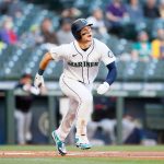 SEATTLE, WASHINGTON - MAY 13: Jarred Kelenic #10 of the Seattle Mariners at his first at bat against the Cleveland Indians during the first inning at T-Mobile Park on May 13, 2021 in Seattle, Washington. (Photo by Steph Chambers/Getty Images)
