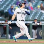 SEATTLE, WASHINGTON - MAY 13: Jarred Kelenic #10 of the Seattle Mariners at his first at bat against the Cleveland Indians during the first inning at T-Mobile Park on May 13, 2021 in Seattle, Washington. (Photo by Steph Chambers/Getty Images)
