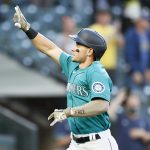 SEATTLE, WASHINGTON - MAY 14: Jarred Kelenic #10 of the Seattle Mariners reacts after his two run home run against the Cleveland Indians during the third inning at T-Mobile Park on May 14, 2021 in Seattle, Washington. (Photo by Steph Chambers/Getty Images)